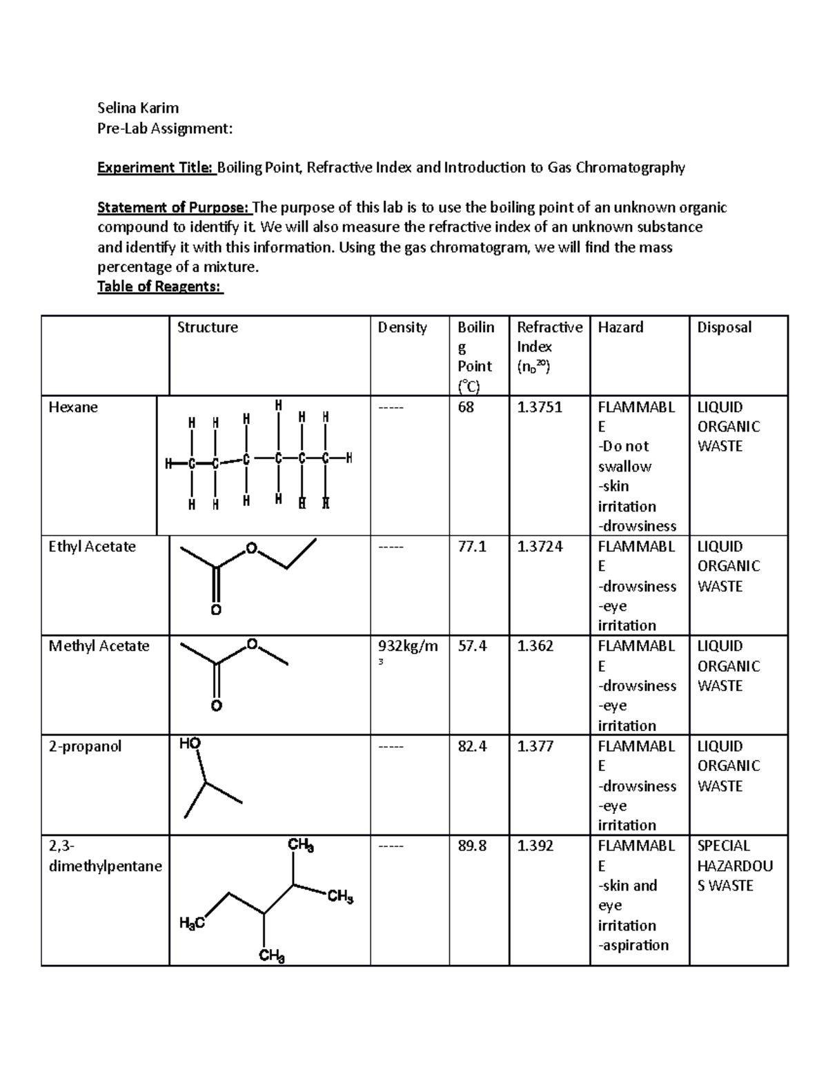 Ochemprelab 3 - Grade: 100 - Selina Karim Pre-Lab Assignment ...