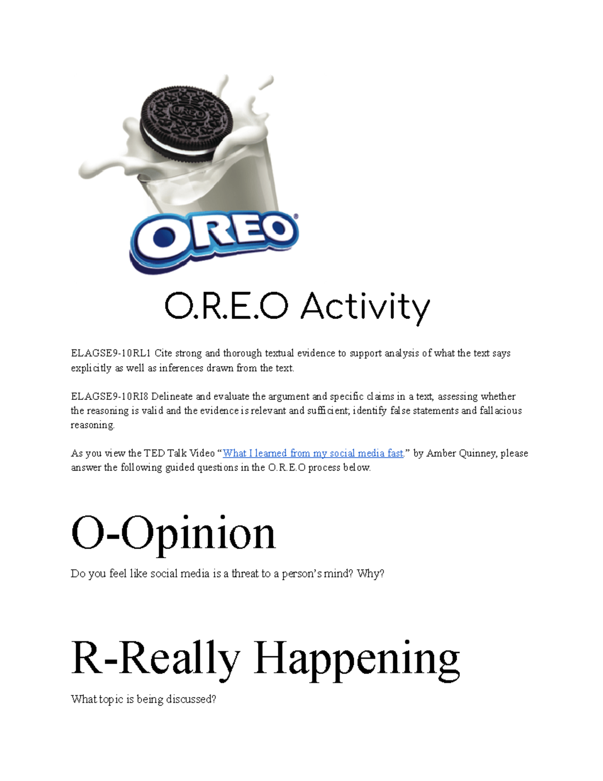 OREO TED Talk Activity 3 - O.R.E Activity ELAGSE9-10RL1 Cite strong and ...