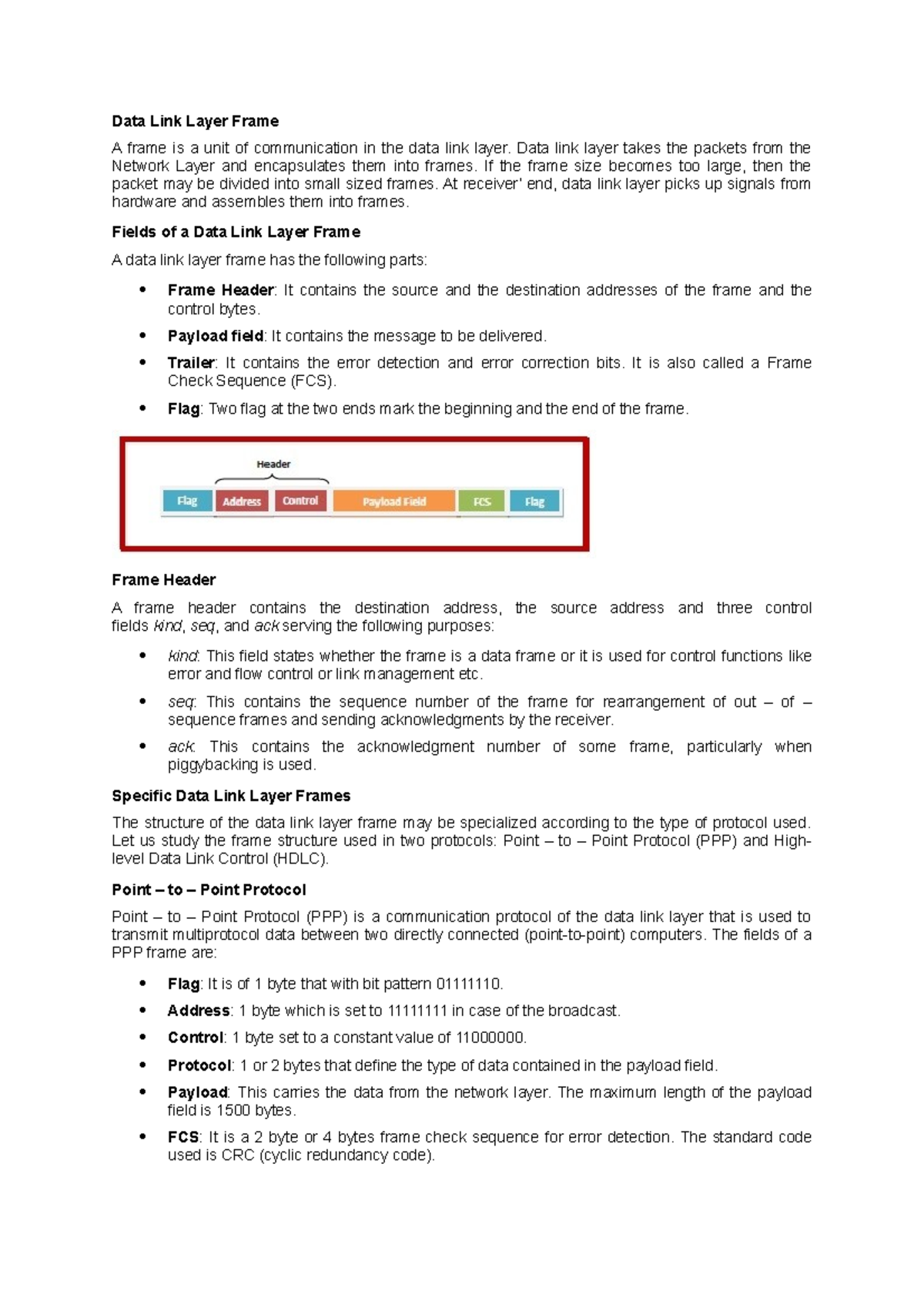 Data Link Layer Frame Computer networks UoK StuDocu