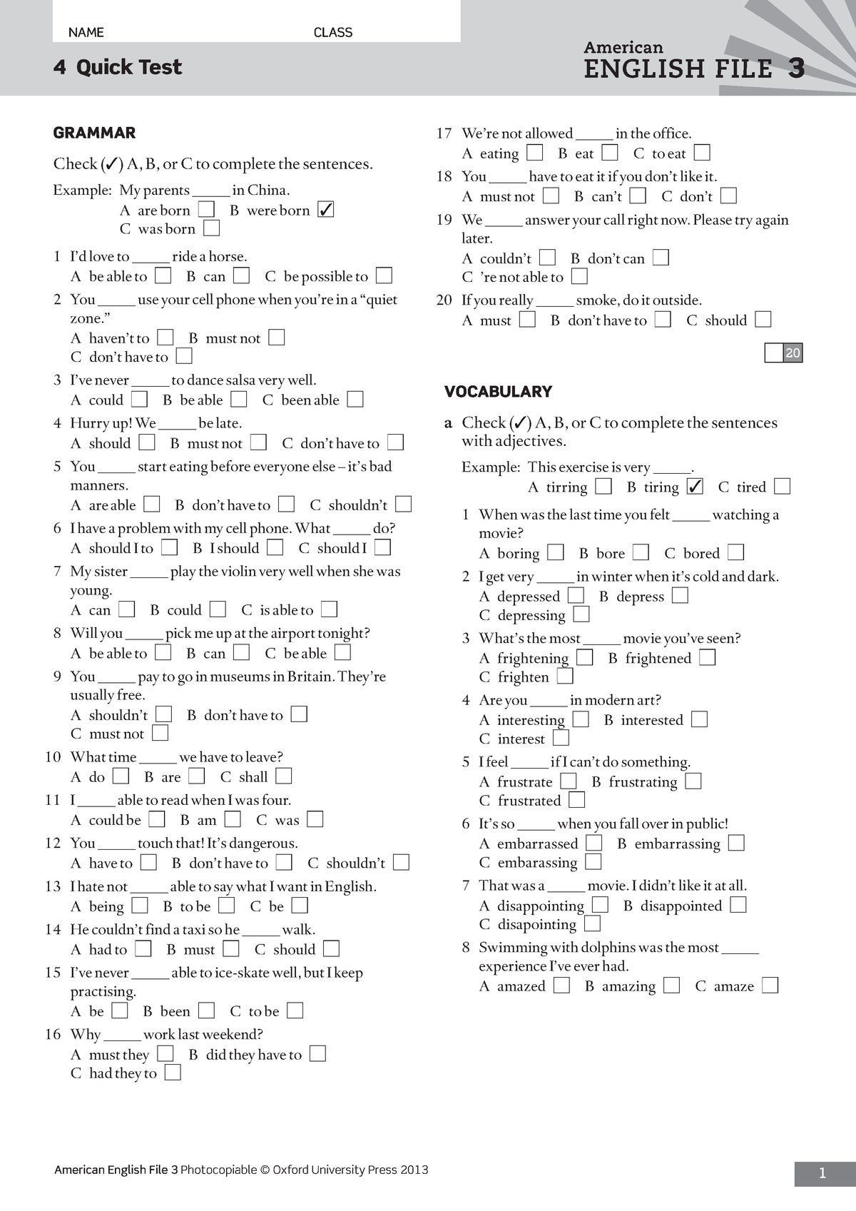 Aef3 File4 Quick Test 1 Name Class 4 Quick Test American English File 3 Photocopiable © Oxford 9012