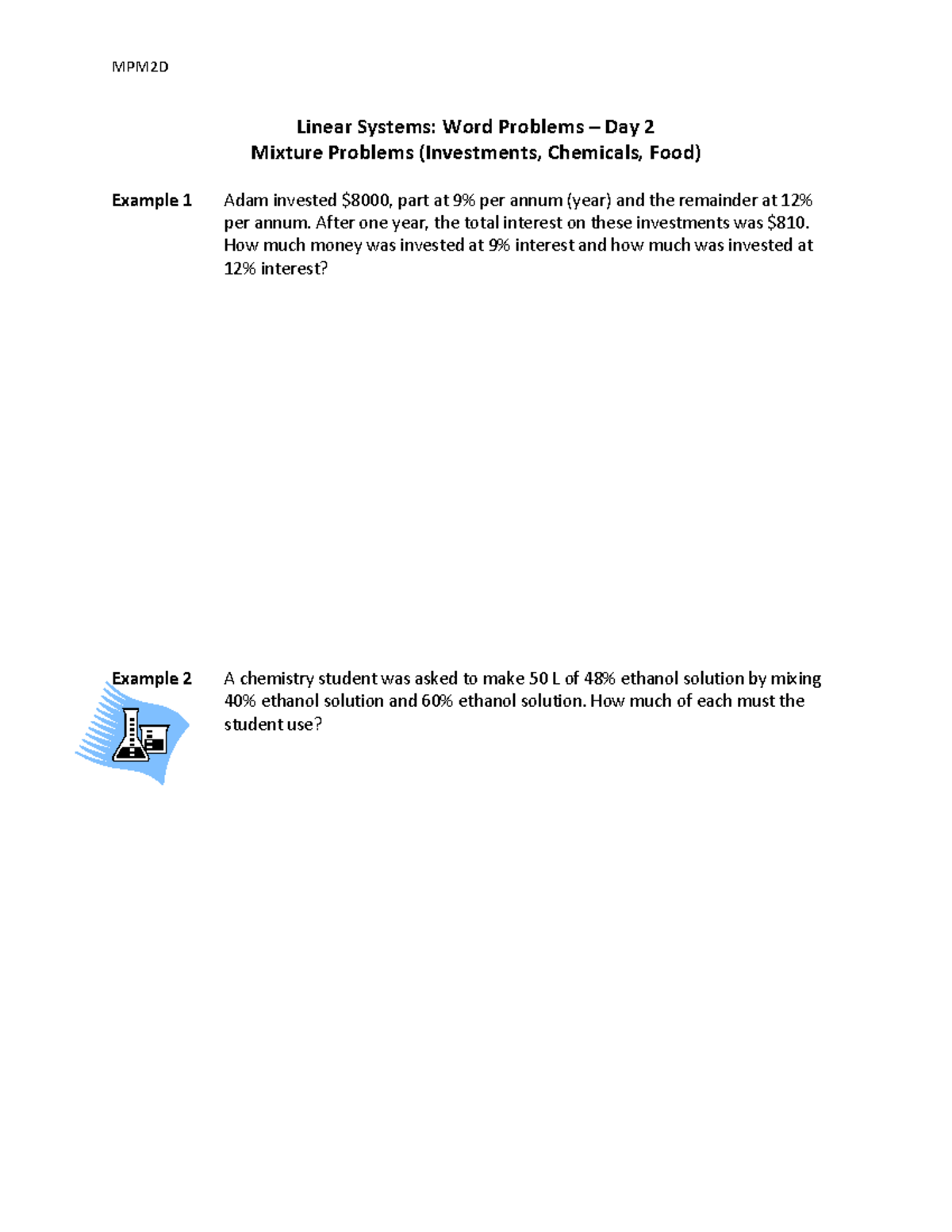 07 Word Problems Day 2 Good notes MPM2D Linear Systems Word