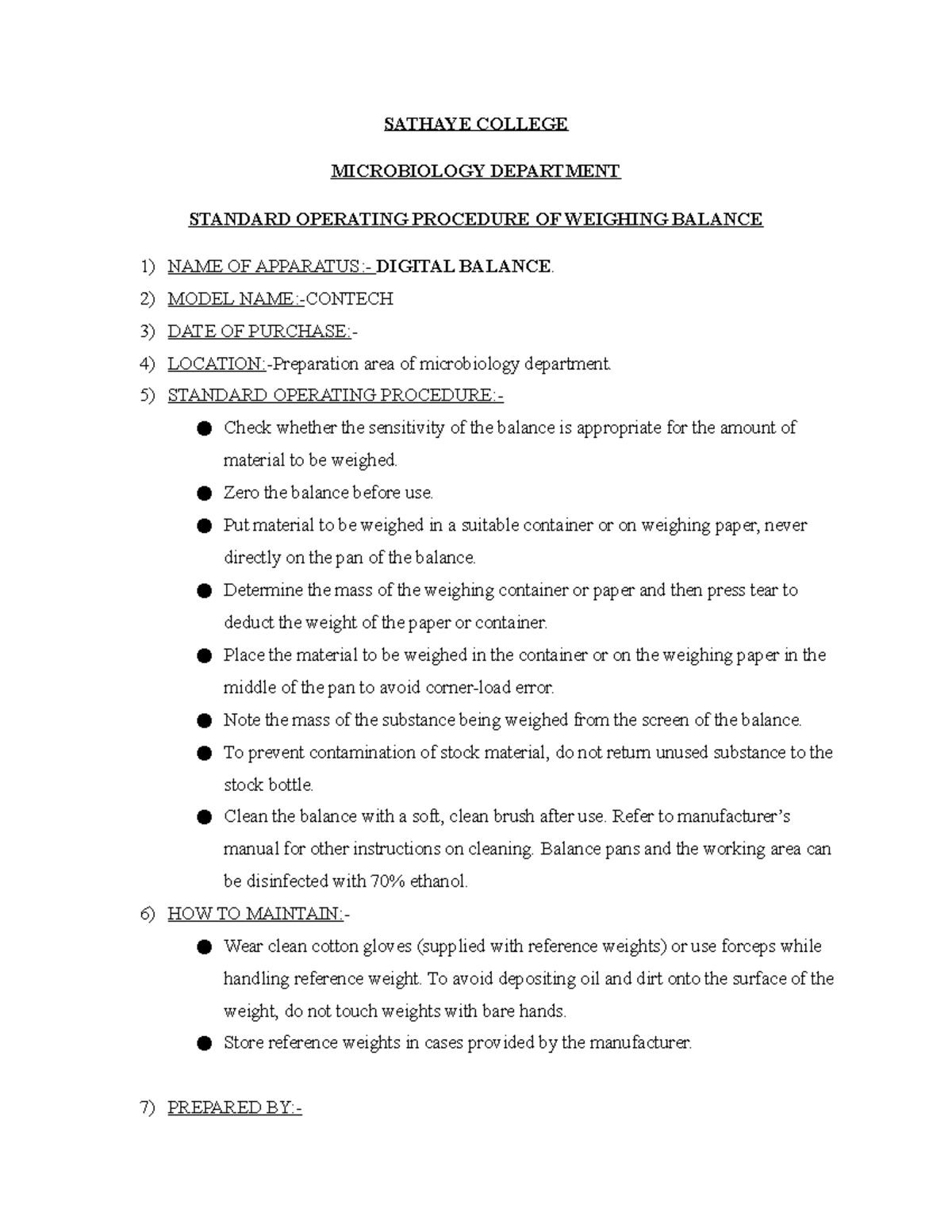 SOP OF Weighing Balance SATHAYE COLLEGE MICROBIOLOGY DEPARTMENT