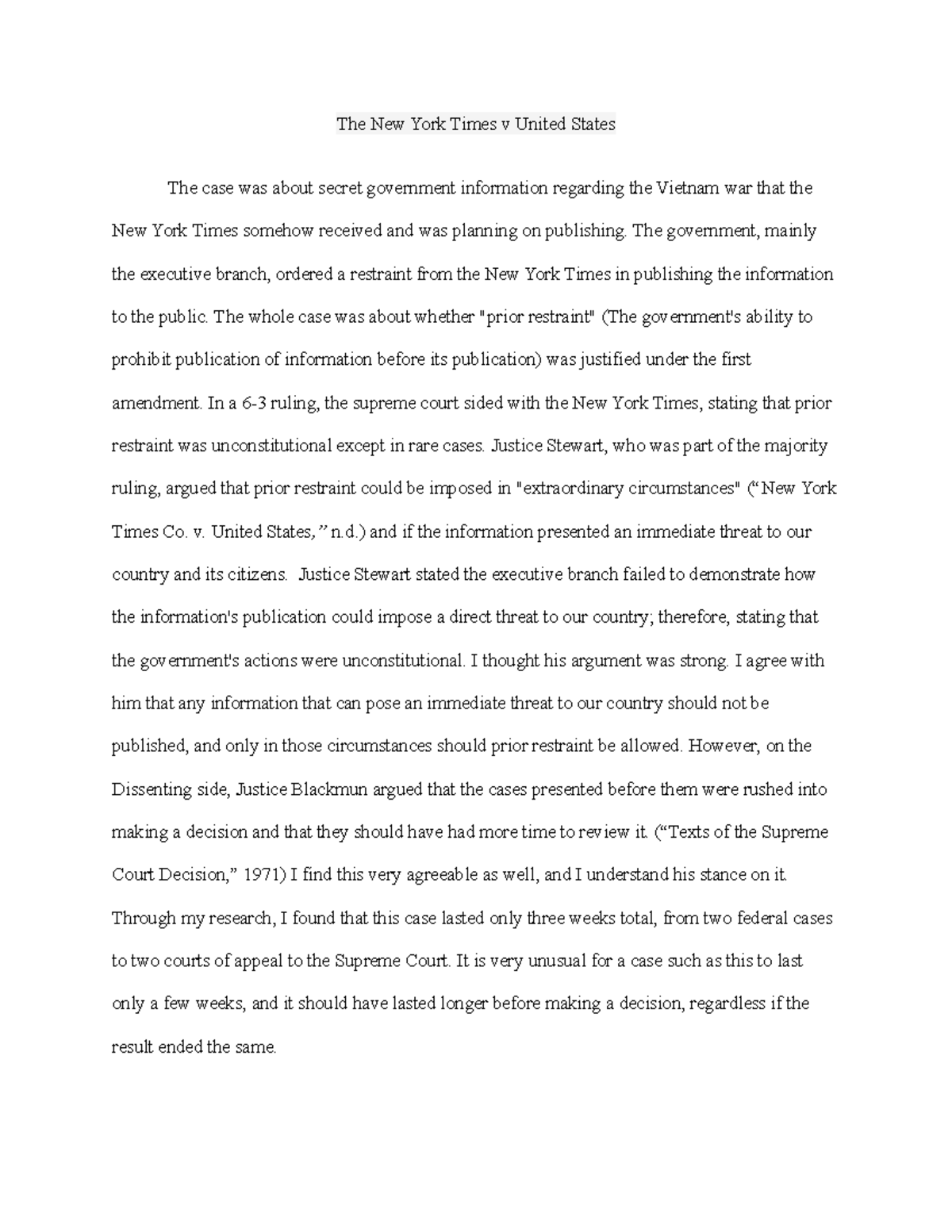 Pol 101 3.1 Assessment The New York Times v United States The case