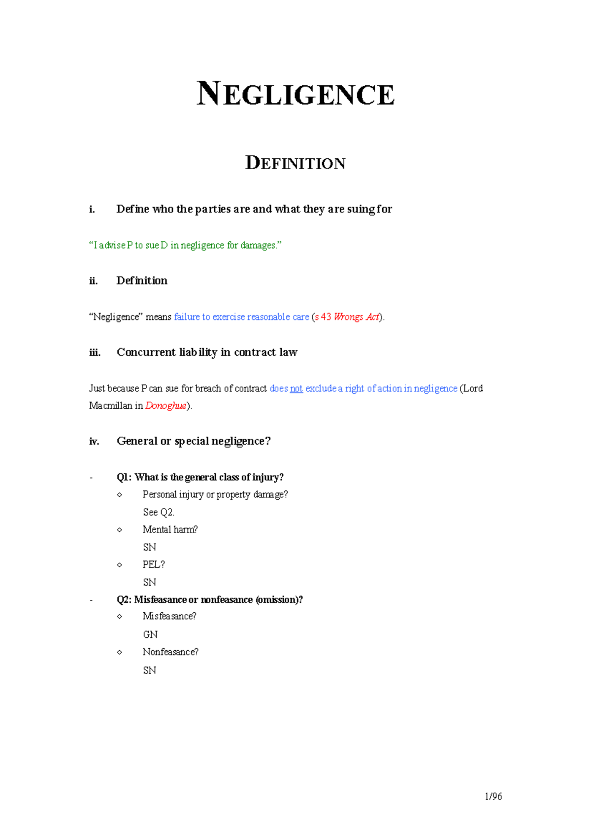 Lecture Notes, Lectures 1-10 - Summarised In Exam Format. - NEGLIGENCE ...