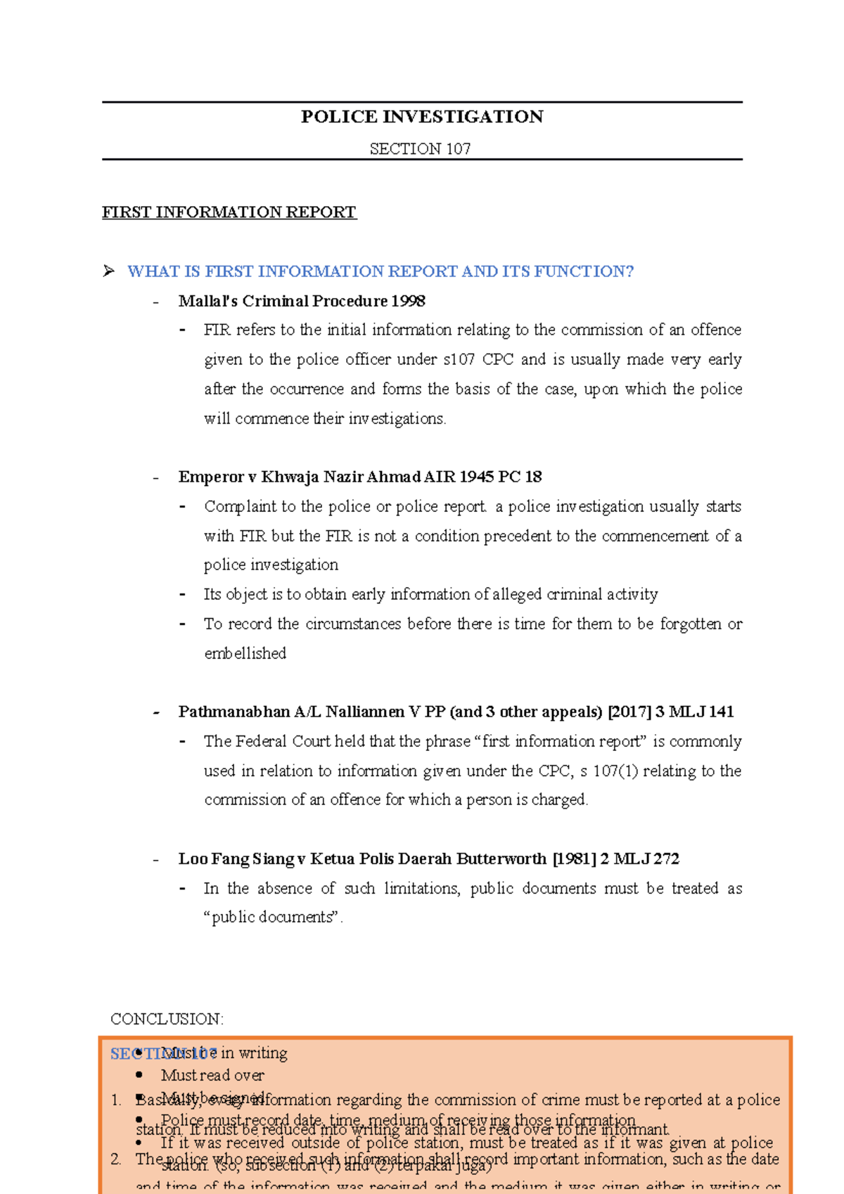 Section 107 of CPC - POLICE INVESTIGATION SECTION 107 FIRST INFORMATION ...