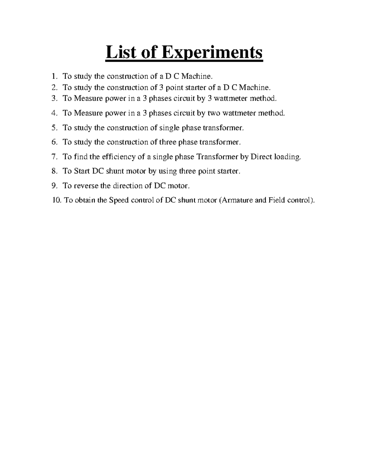 DC Machine Transformer - List of Experiments 1. To study the ...