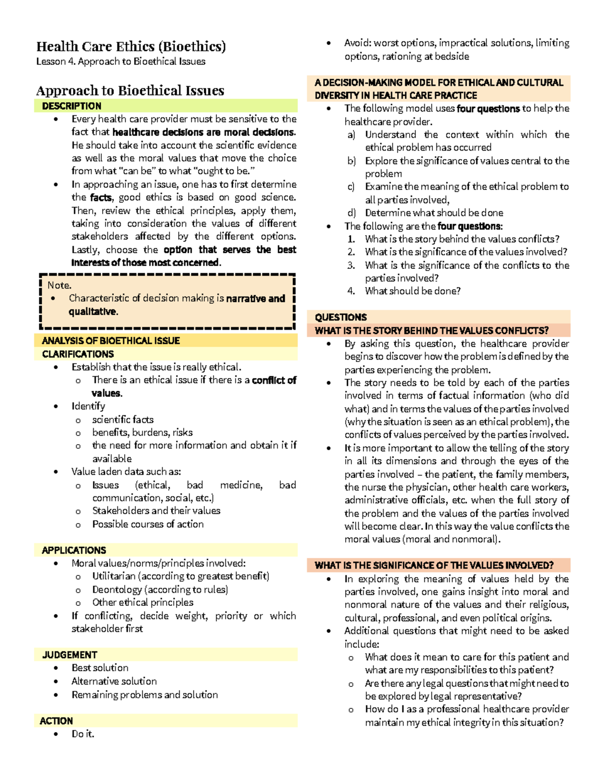 Lesson 4. Approach To Bioethical Issues - Health Care Ethics (Bioethics ...