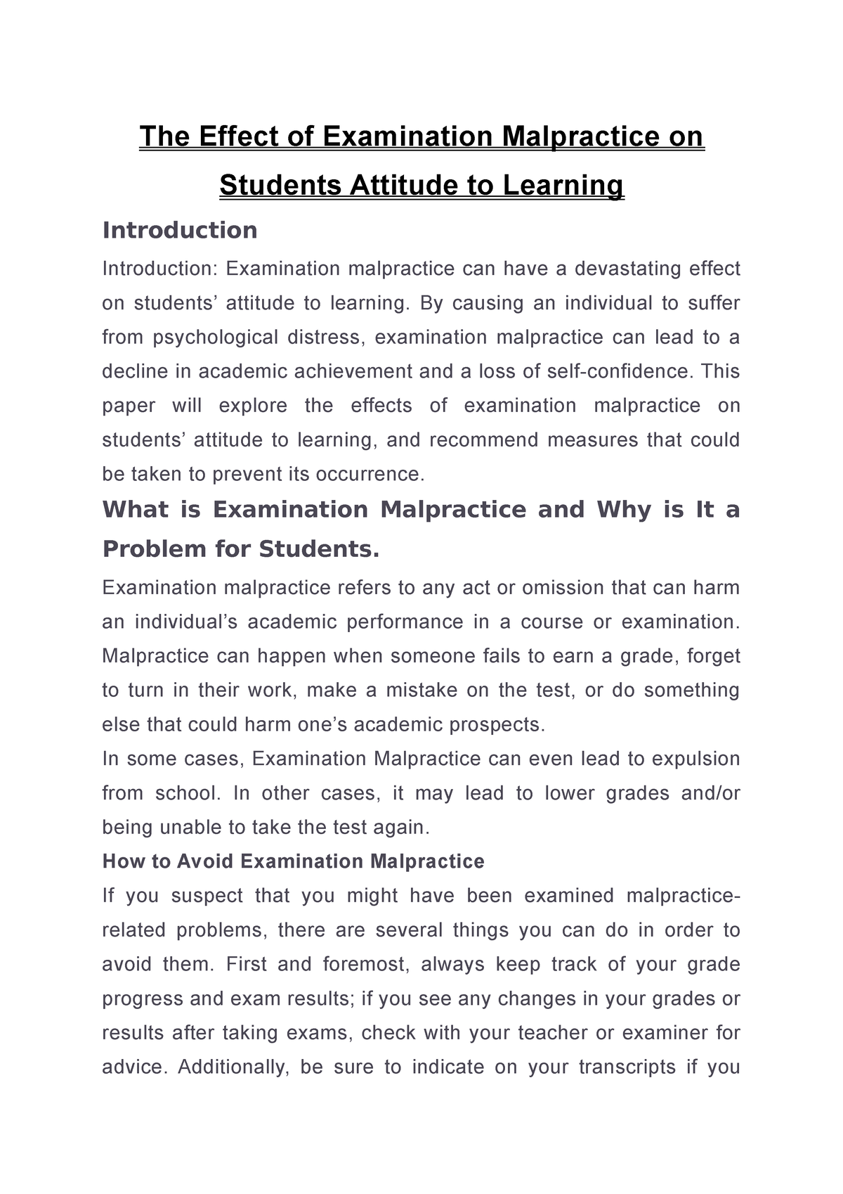 write an essay on the topic causes of examination malpractice