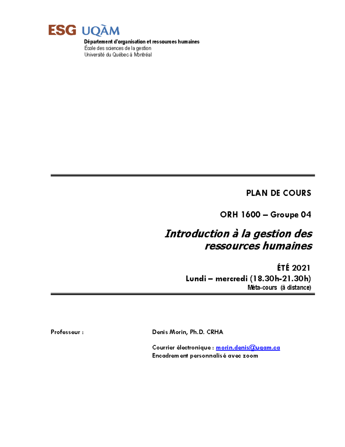 PLAN DE Cours ORH1600-04-été 2021-Denis Morin - PLAN DE COURS ORH 1600 ...