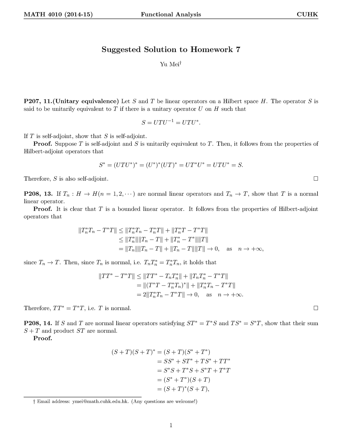 Solution 7 - Functional AnalysisFunctional Analysis - MATH 4010 (2014 ...