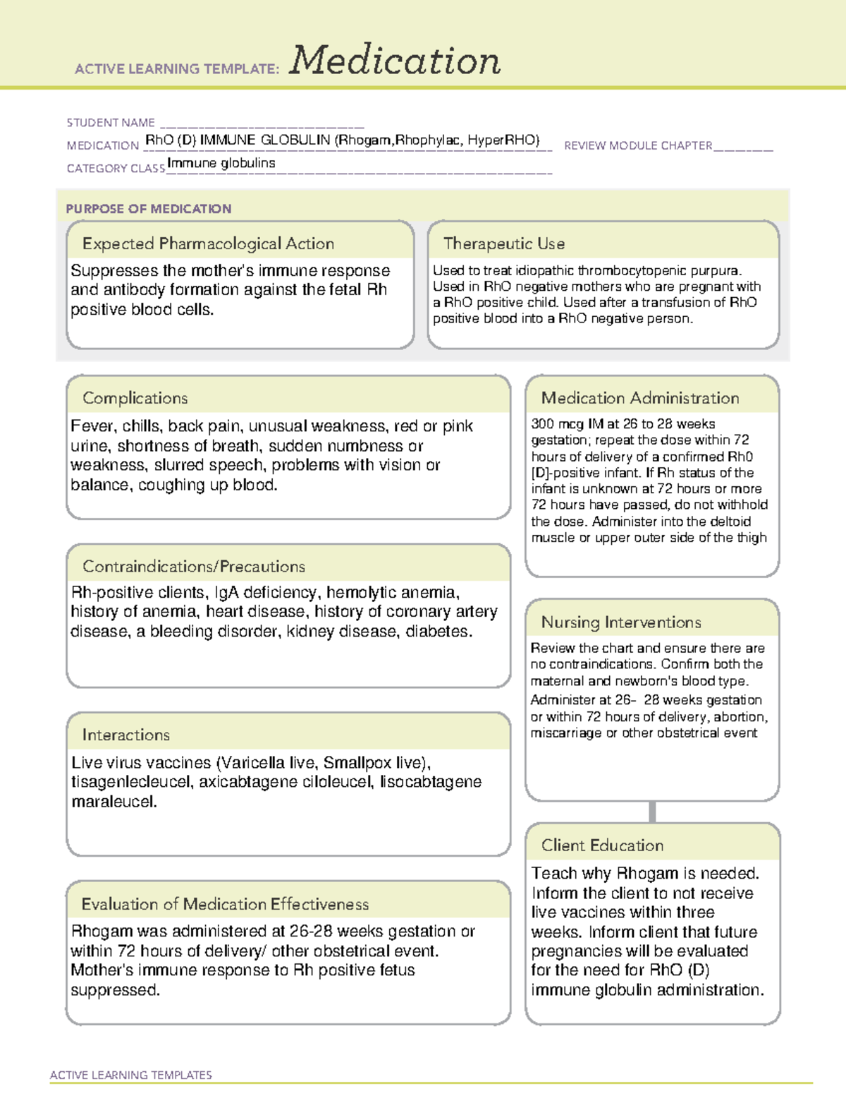 Rhogam - ATI Medication Template - ACTIVE LEARNING TEMPLATES Medication ...