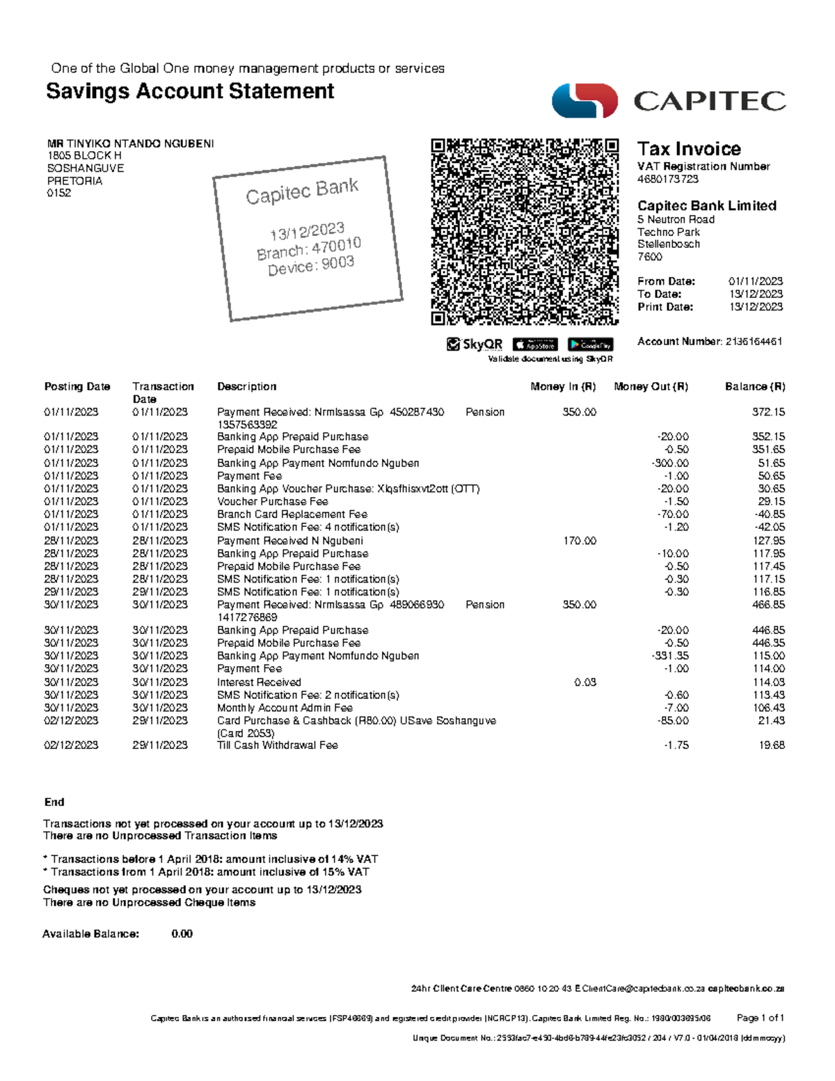 Account statement - 24hr Client Care Centre 0860 10 20 43 E ClientCare ...