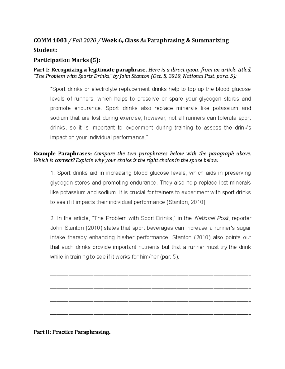 Week 6, Class A, Paraphrasing and Summarizing Exercise - COMM 1003 ...