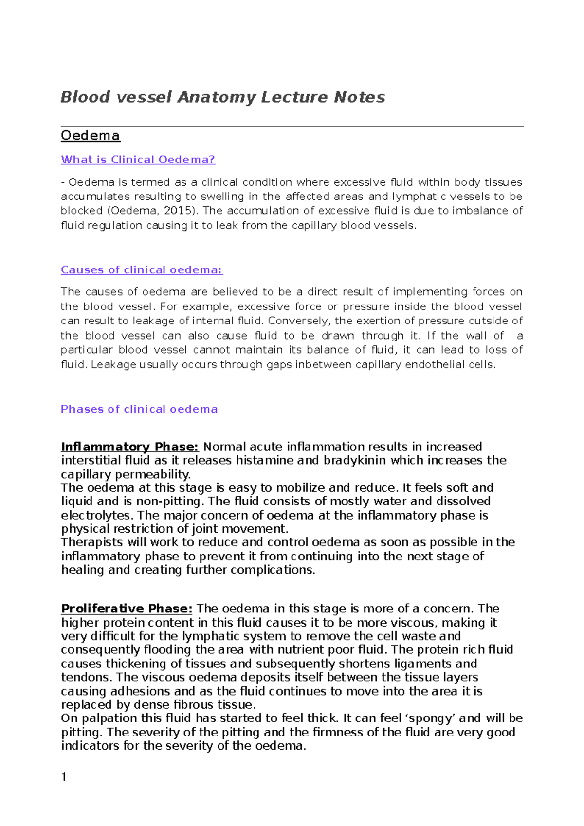 Blood vessel lecture notes on Oedema - Blood vessel Anatomy Lecture ...