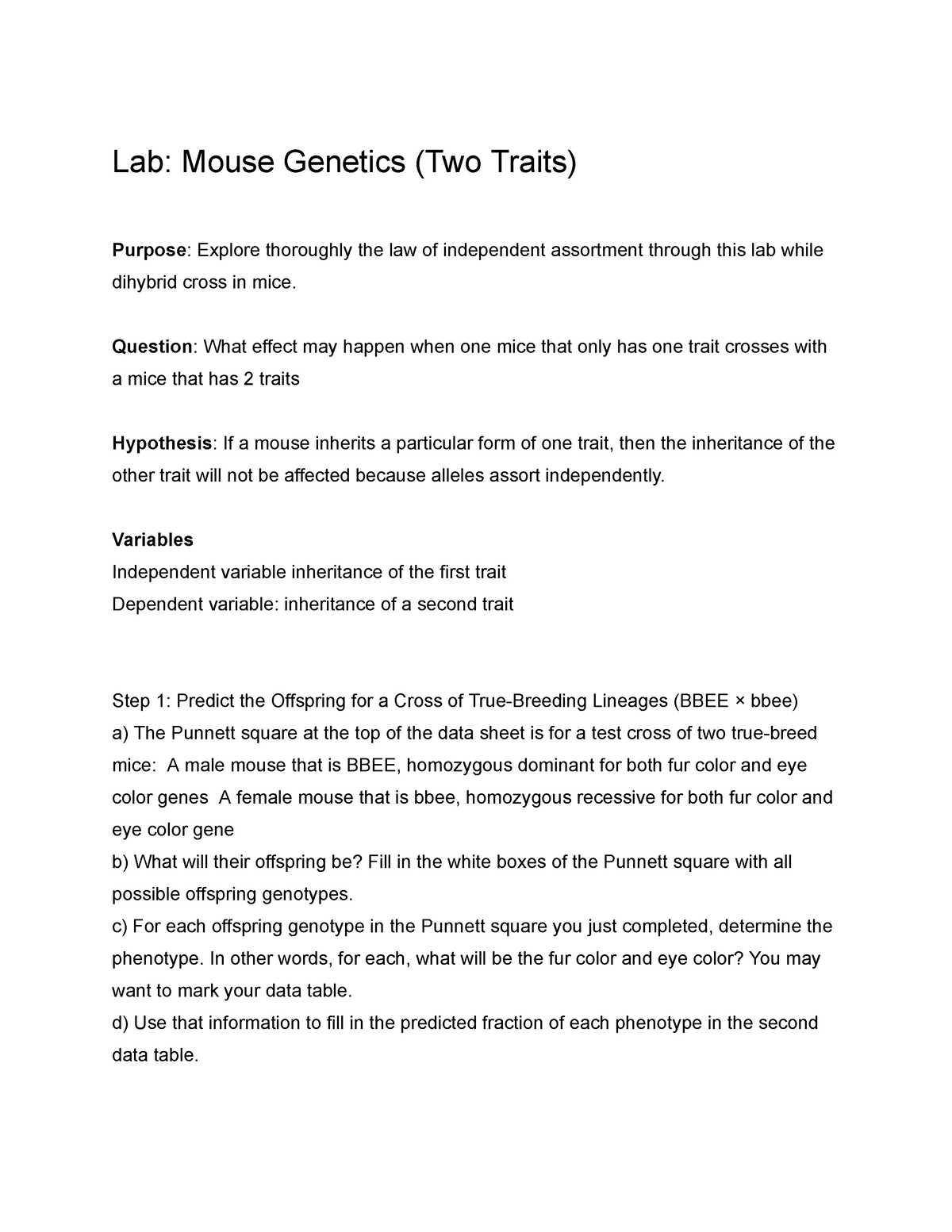 lab mouse genetics (two traits) assignment reflect on the lab