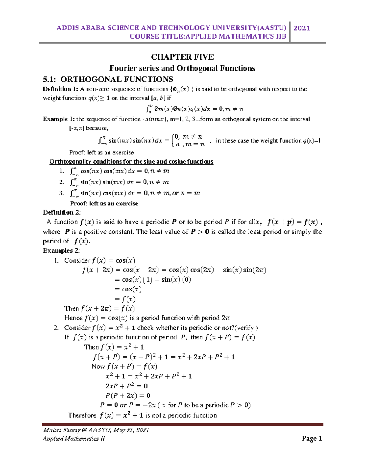 Aastu Chapter Five Fourier series and Orthogonal Functions - COURSE ...