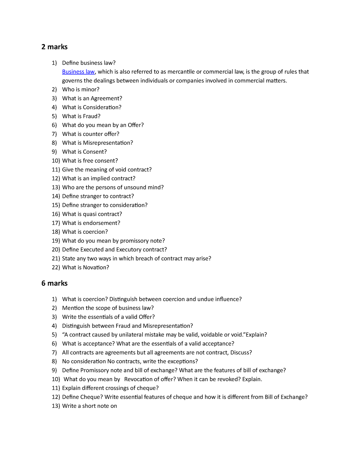 Important questions business law - 2 marks Define business law ...