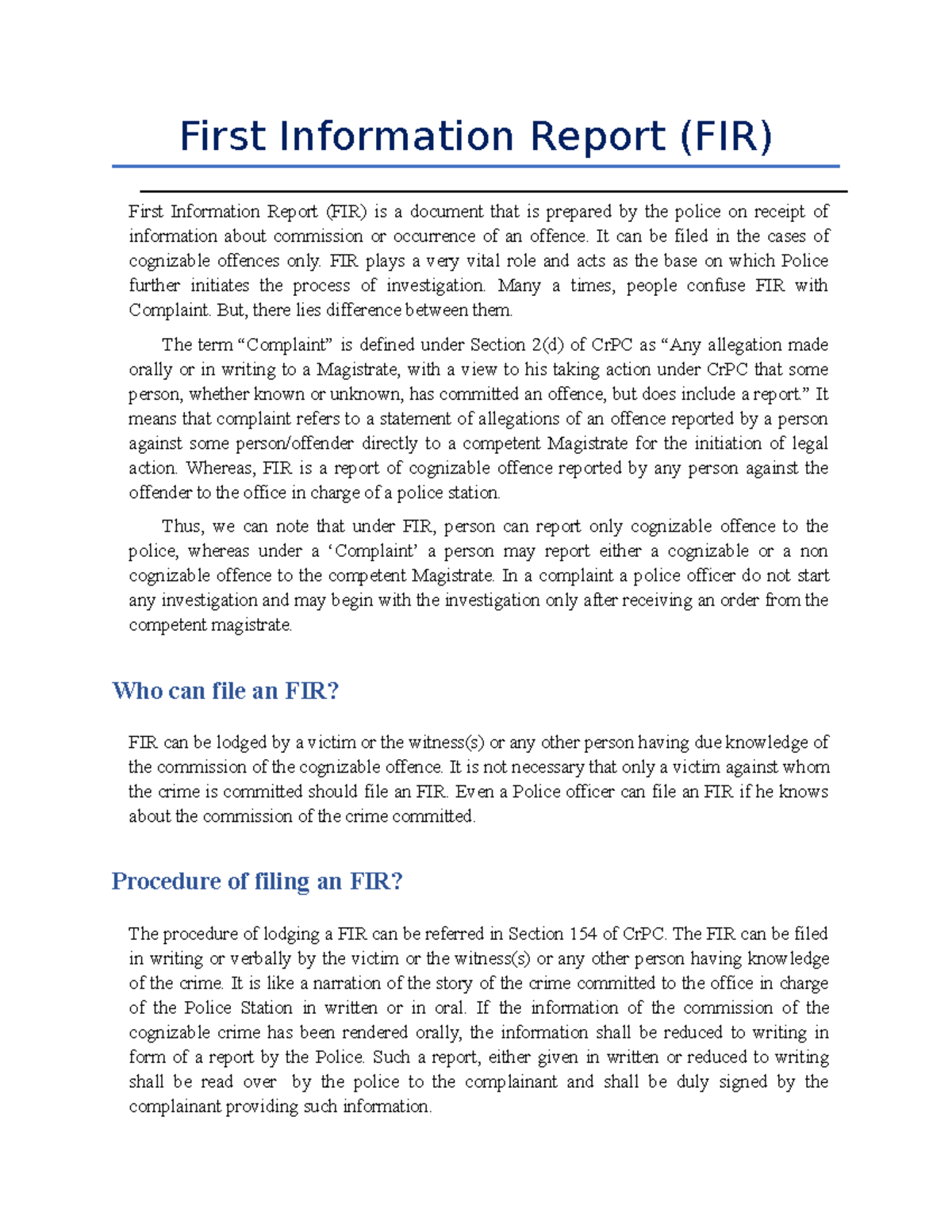 First Information Report (FIR) - It Can Be Filed In The Cases Of ...