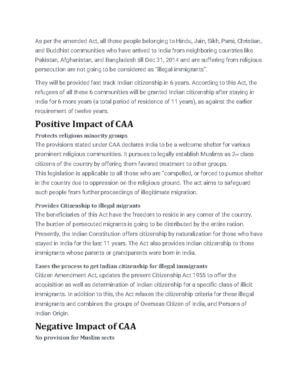 CAA - As per the amended Act, all those people belonging to Hindu, Jain ...