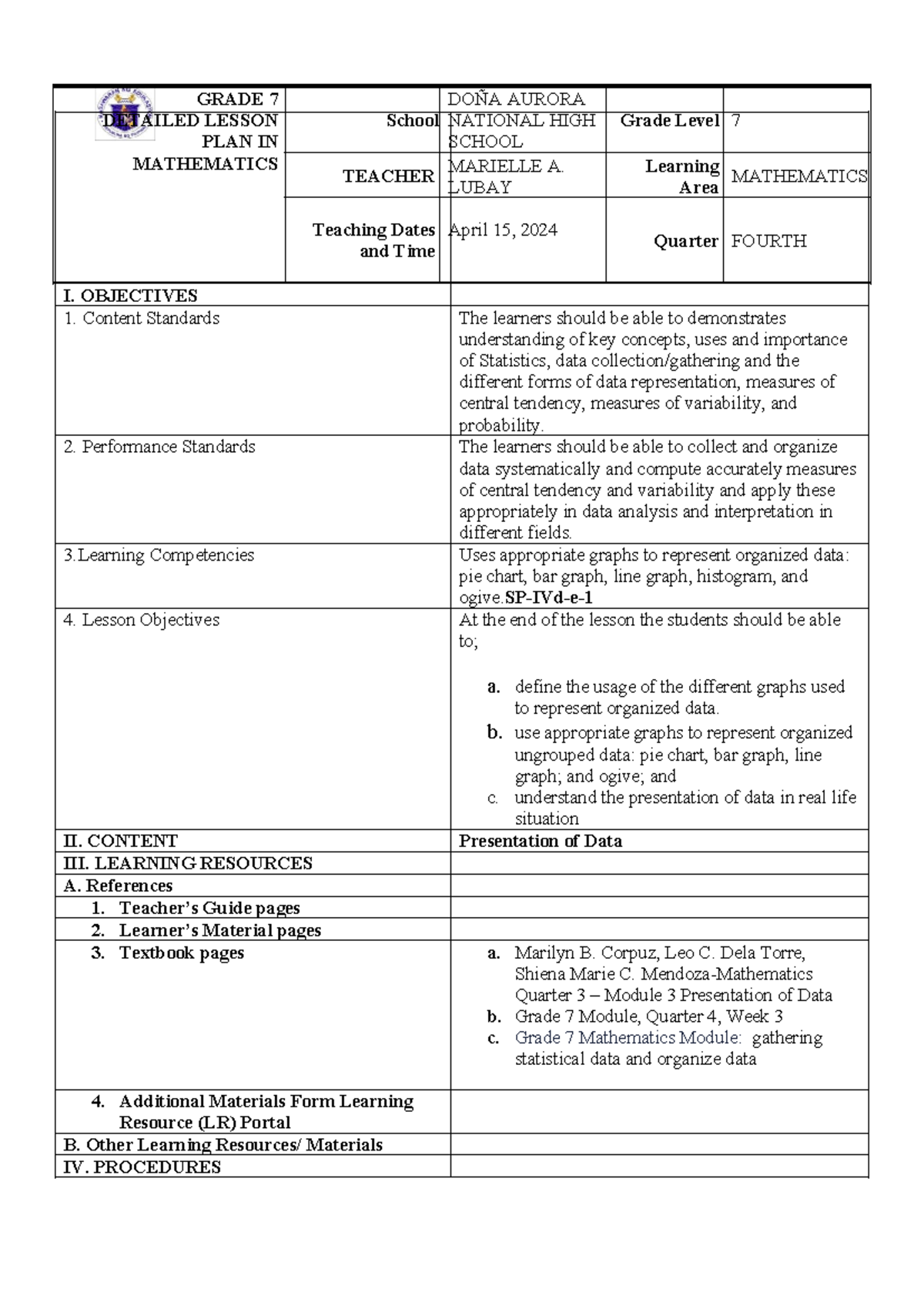 DETAILED LESSON PLAN PRESENTATION OF DATA - I. OBJECTIVES Content ...