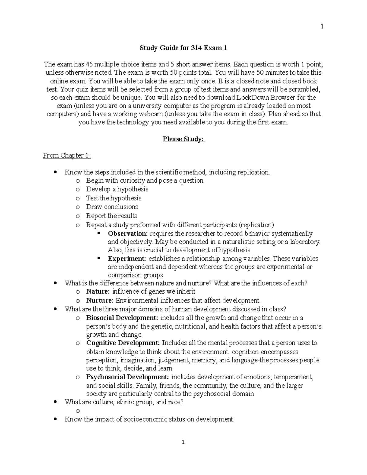 PSY 314 Study Guide for Exam 1 - 1 Study Guide for 314 Exam 1 The exam ...