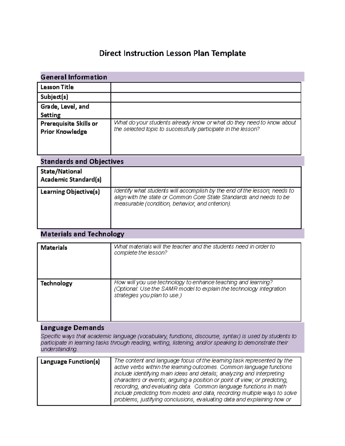 Direct Instruction Lesson Plan Template - Materials and Technology ...