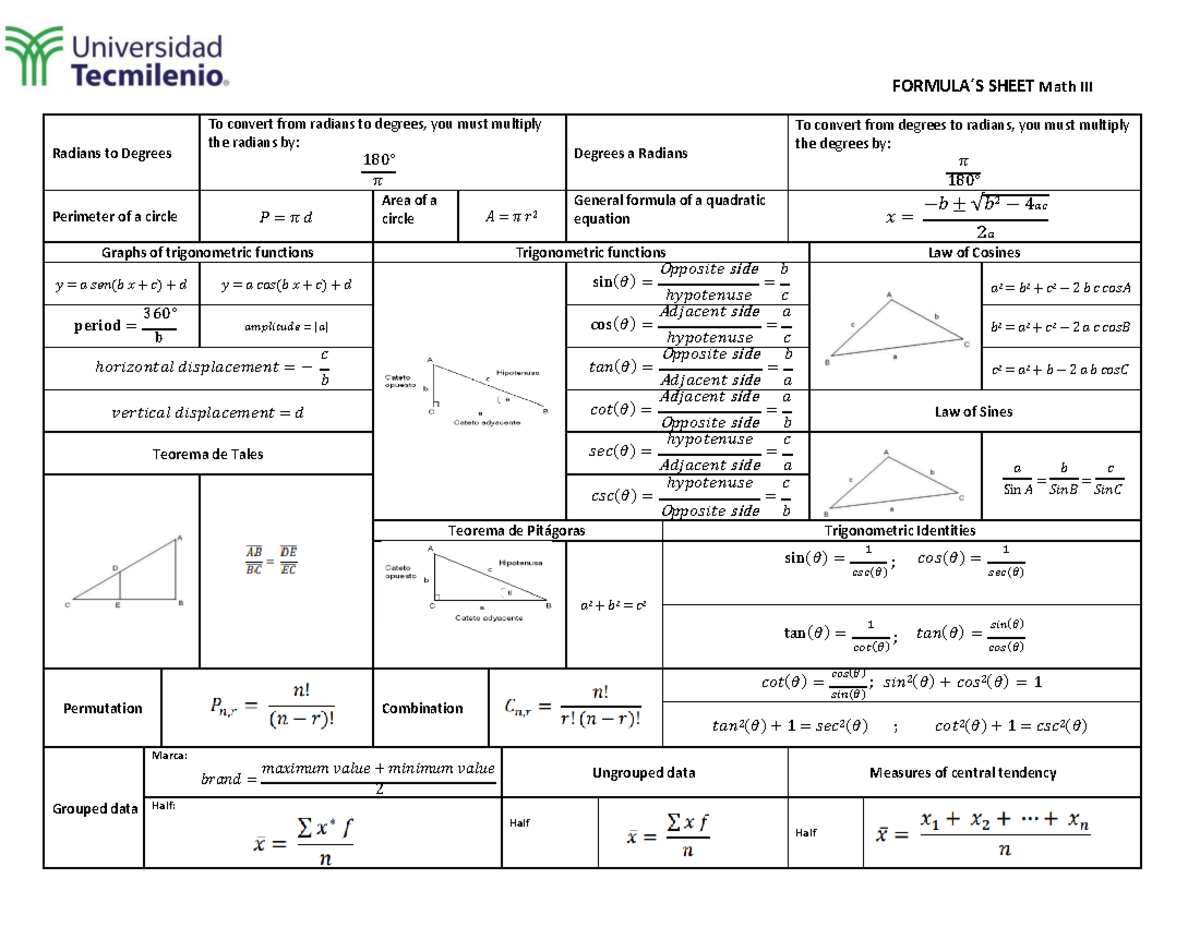 Formula´S Sheet Math III - FORMULA ́S SHEET Math III Radians to Degrees ...