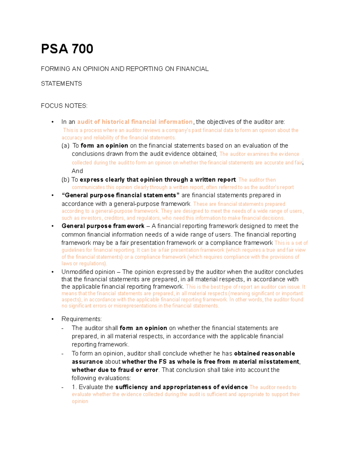 PSA 700 - AUDIT - PSA 700 FORMING AN OPINION AND REPORTING ON FINANCIAL ...