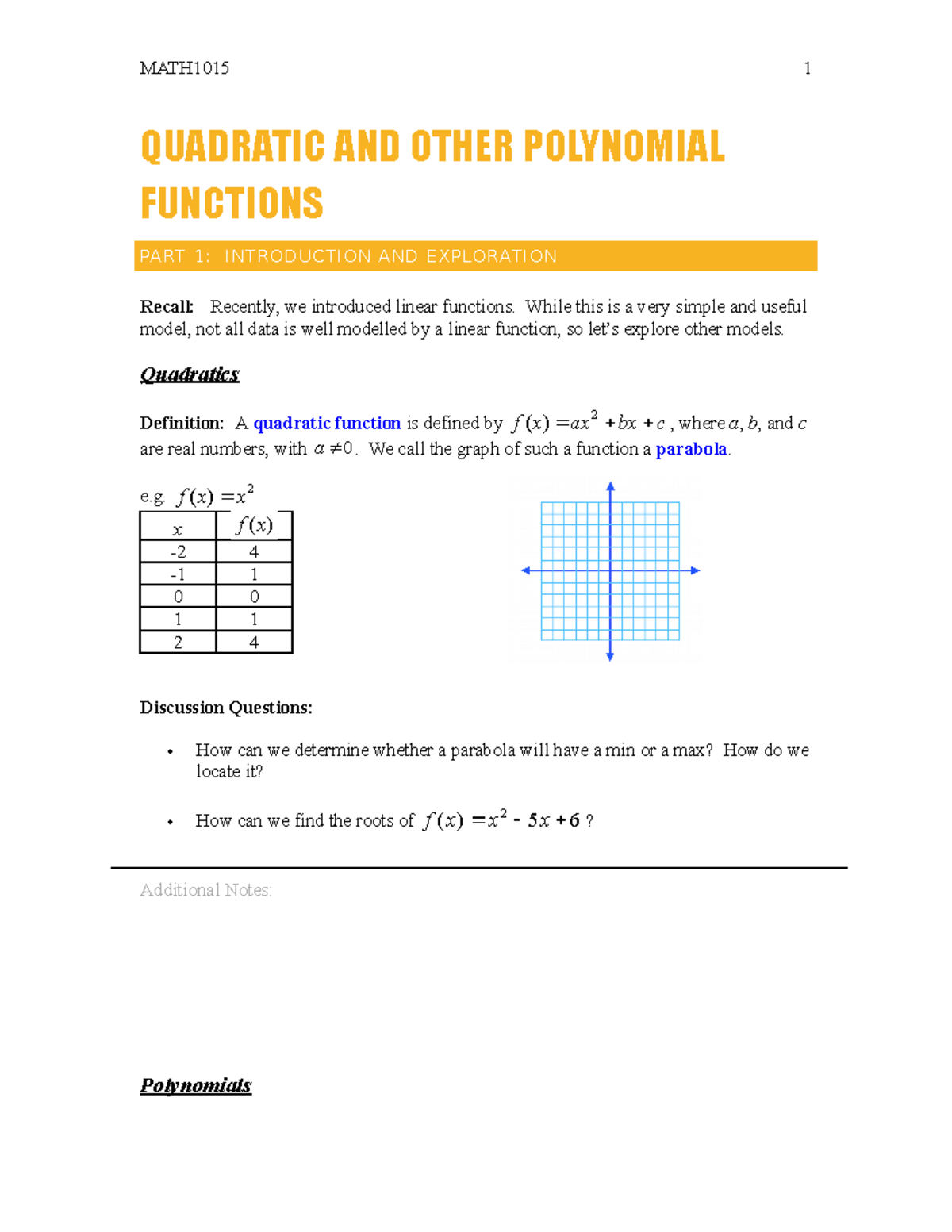 LEC 7 Quadratics AND Polynomials - QUADRATIC AND OTHER POLYNOMIAL ...