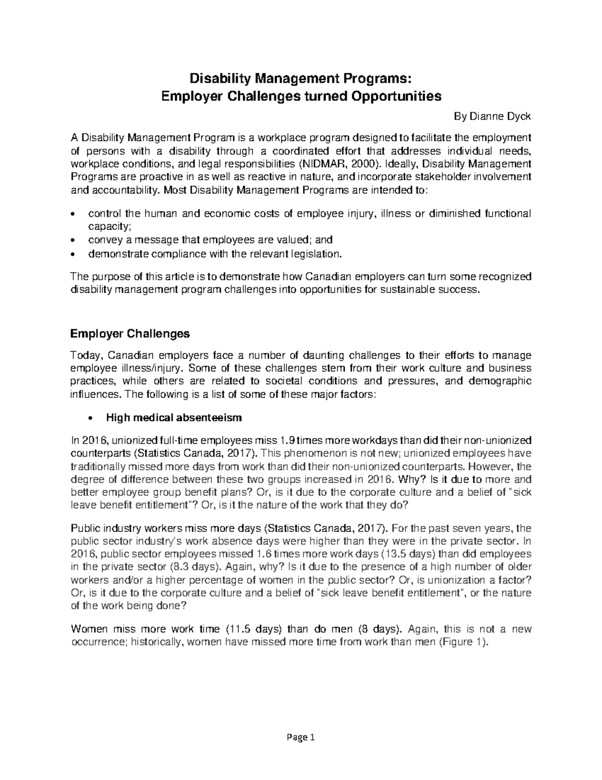 Employer Challenges-Opportunities - Disability Management Programs ...