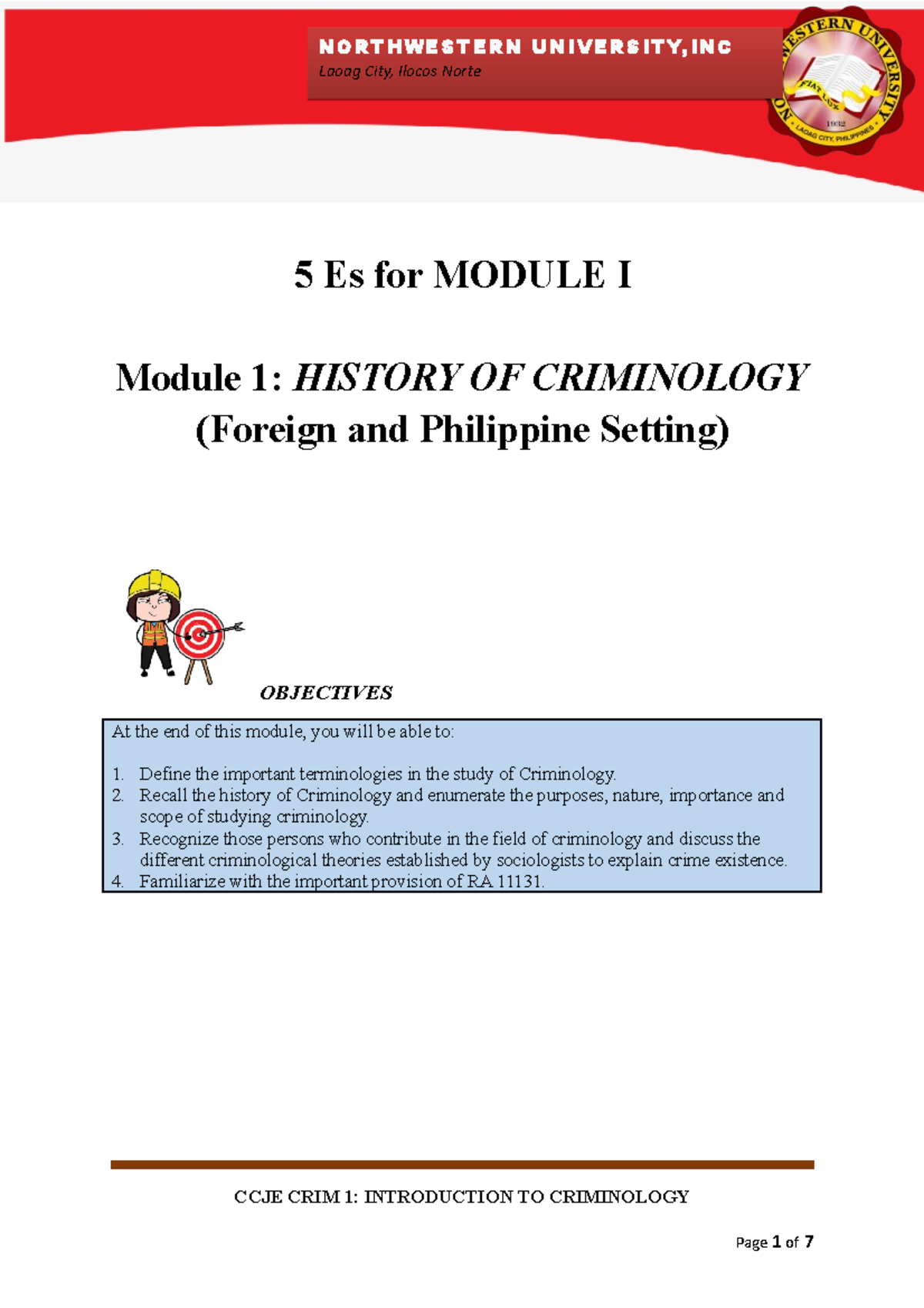 Module I-Intro to Crim-5Es - 5 Es for MODULE I Module 1: HISTORY OF ...