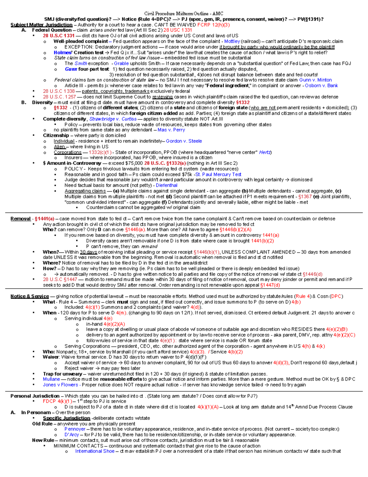 Fall 2016 Midterm Outline - Civil Procedure Midterm Outline - AMC SMJ ...