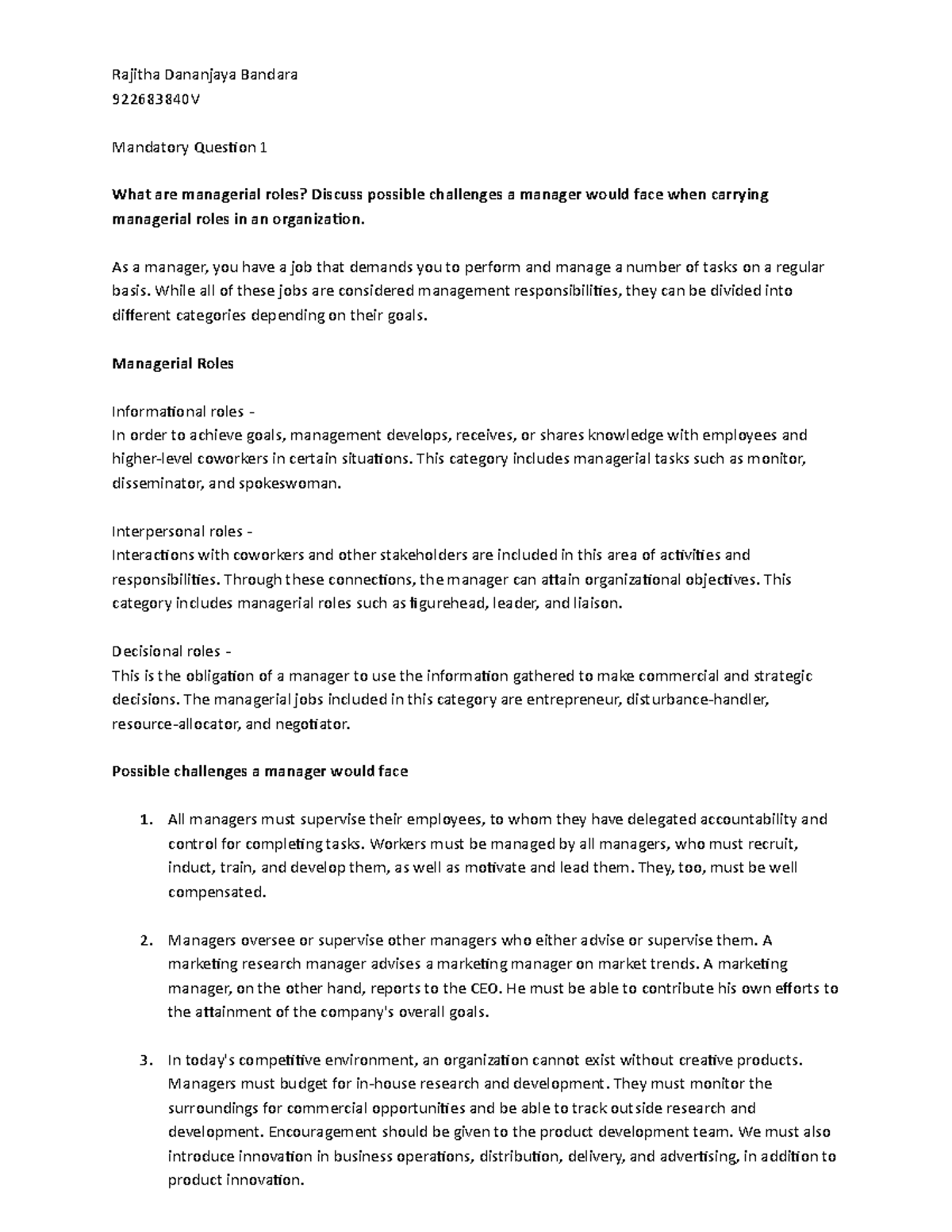 Mandatory Question 1 - Managment and leadership - Rajitha Dananjaya ...