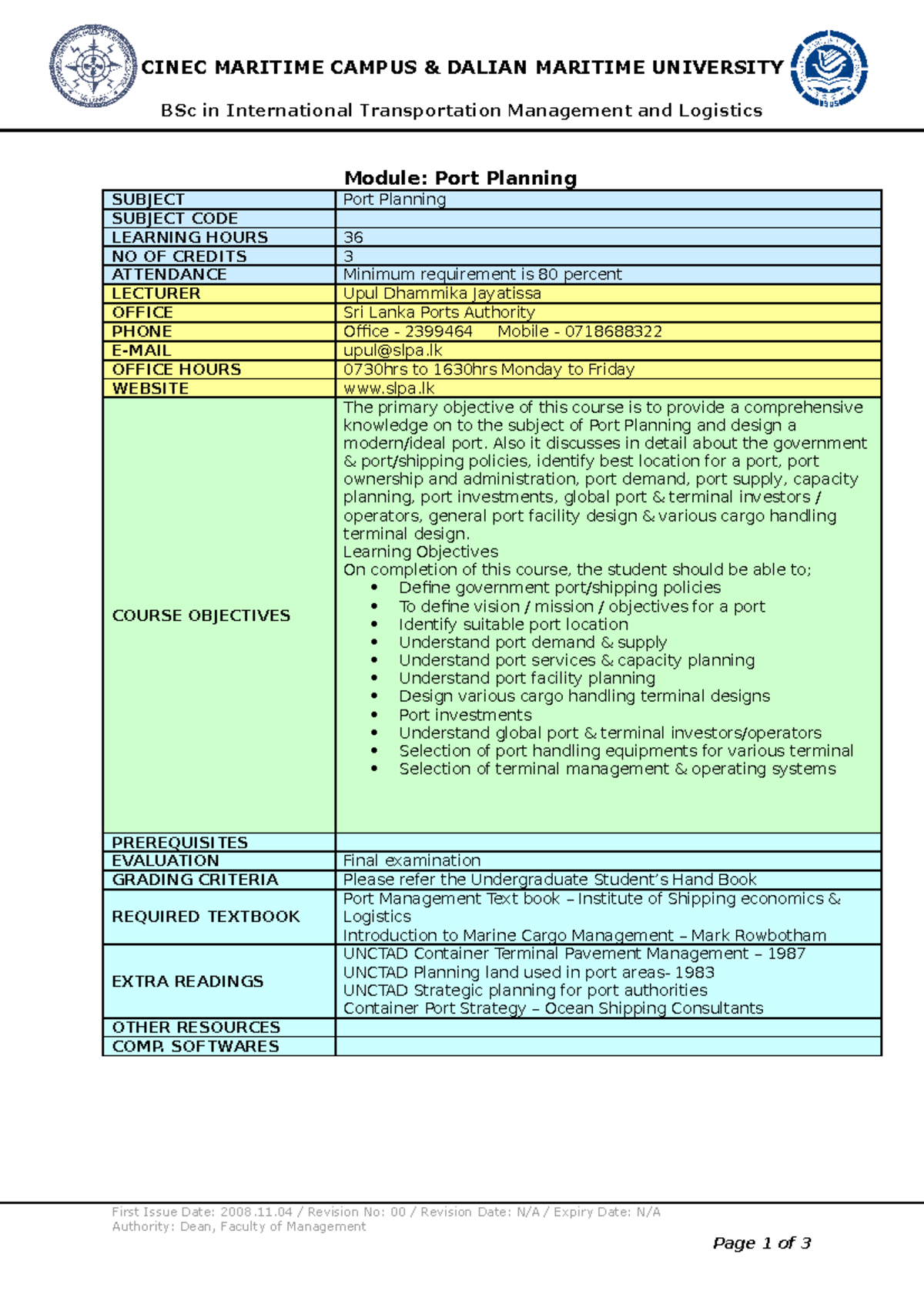 2011 Port Planning Syllabus - CINEC MARITIME CAMPUS & DALIAN MARITIME ...