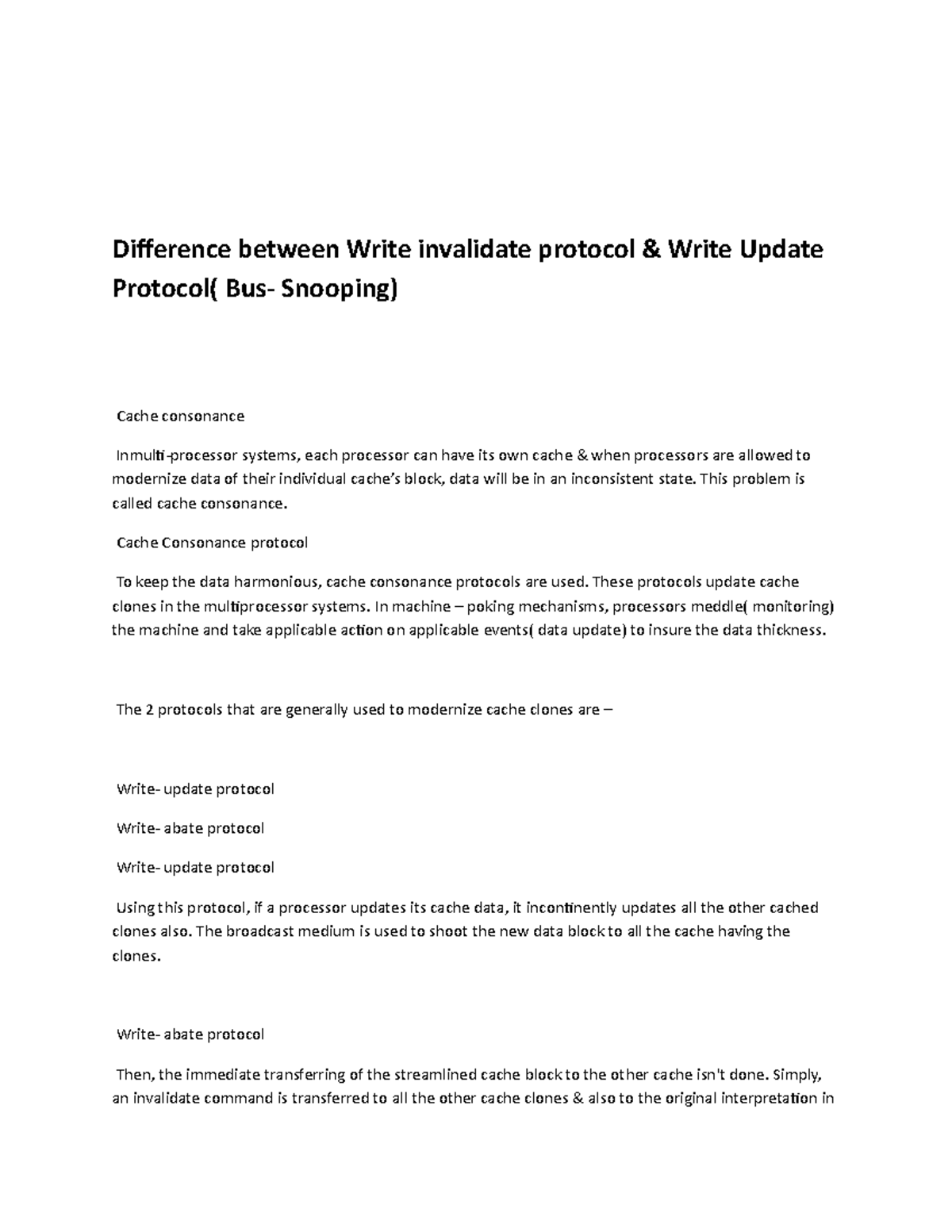 Difference between Write invalidate protocol & Write Update Protocol ...