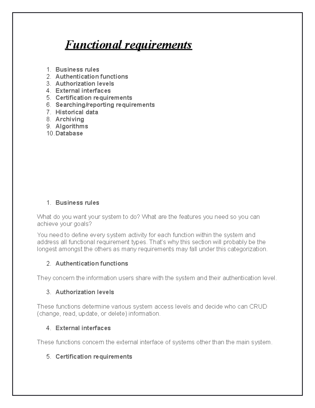 Functional requirements assigment 1 Functional requirements Business
