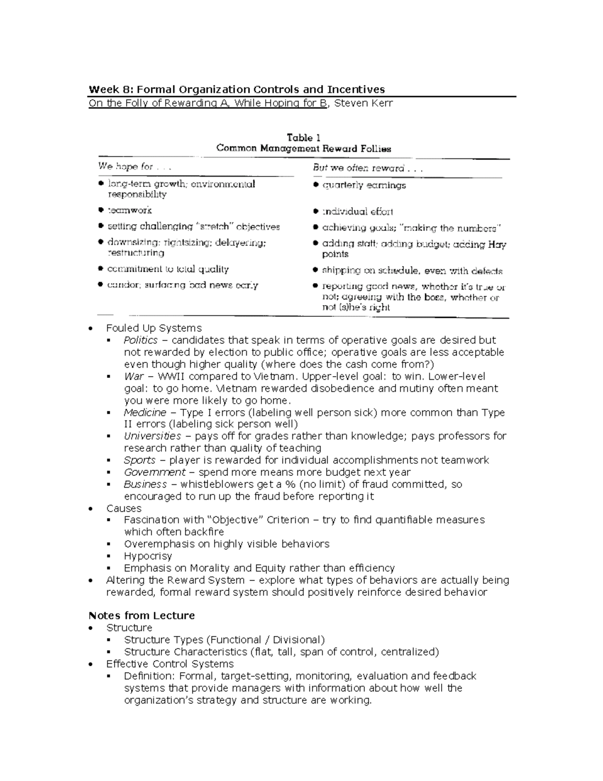 MGMT 101 Final Review - Week 8: Formal Organization Controls and ...