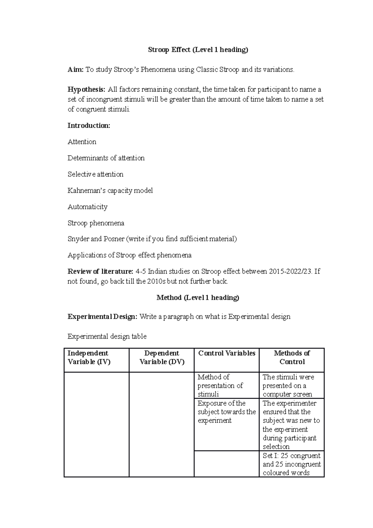 Stroop Effect Practical Outline - Stroop Effect (Level 1 heading) Aim ...