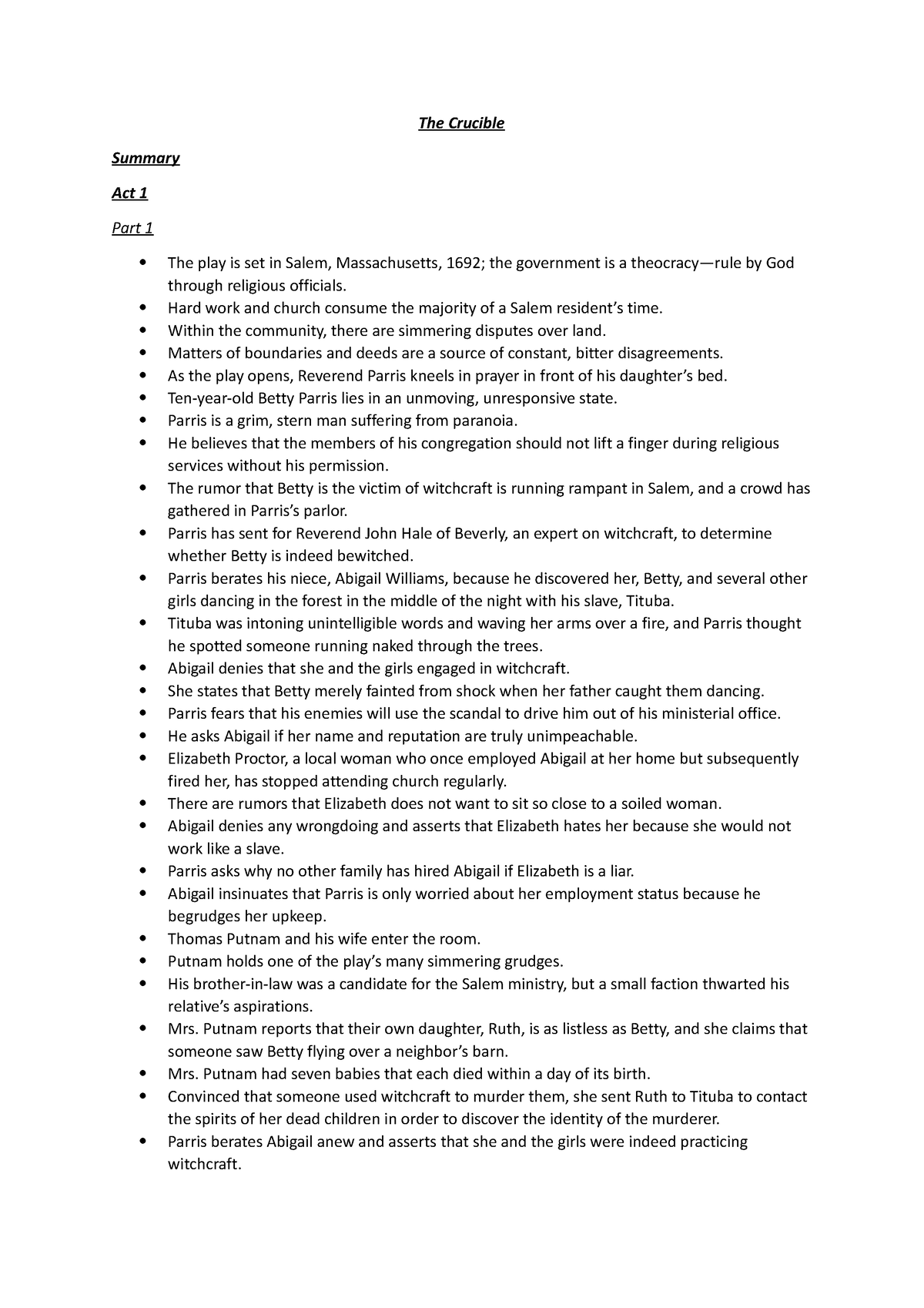 The Crucible Summary Notes - The Crucible Summary Act 1 Part 1 The Play ...