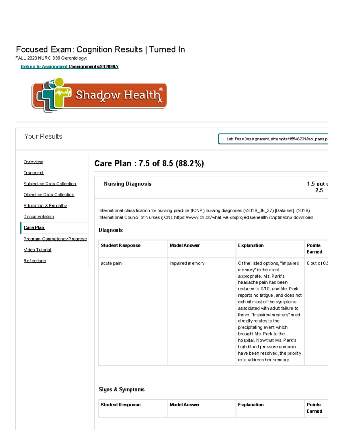Shadow health esther park cognition care plan Focused Exam Cognition