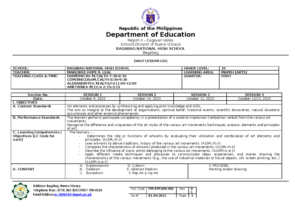 Arts week 2 print - Dll - Doc Code: FM-STP-JHS-001 Rev: 0 1 Republic of ...