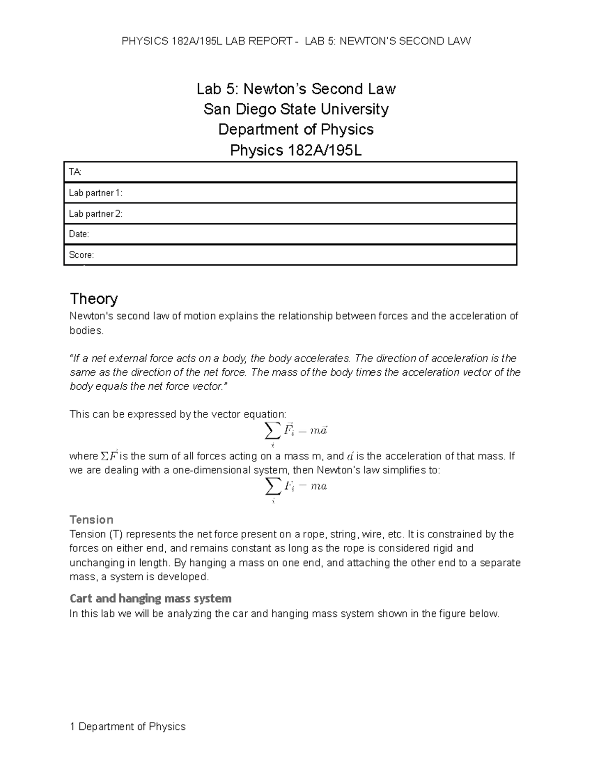 Lab 5 Newton's 2nd Law - Lab 5 Newton's 2nd Law - PHYSICS 182A/195L LAB ...