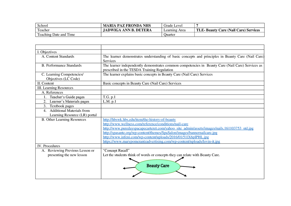 DLL NAIL CARE Basic Concepts I. Objectives A. Content Standards The