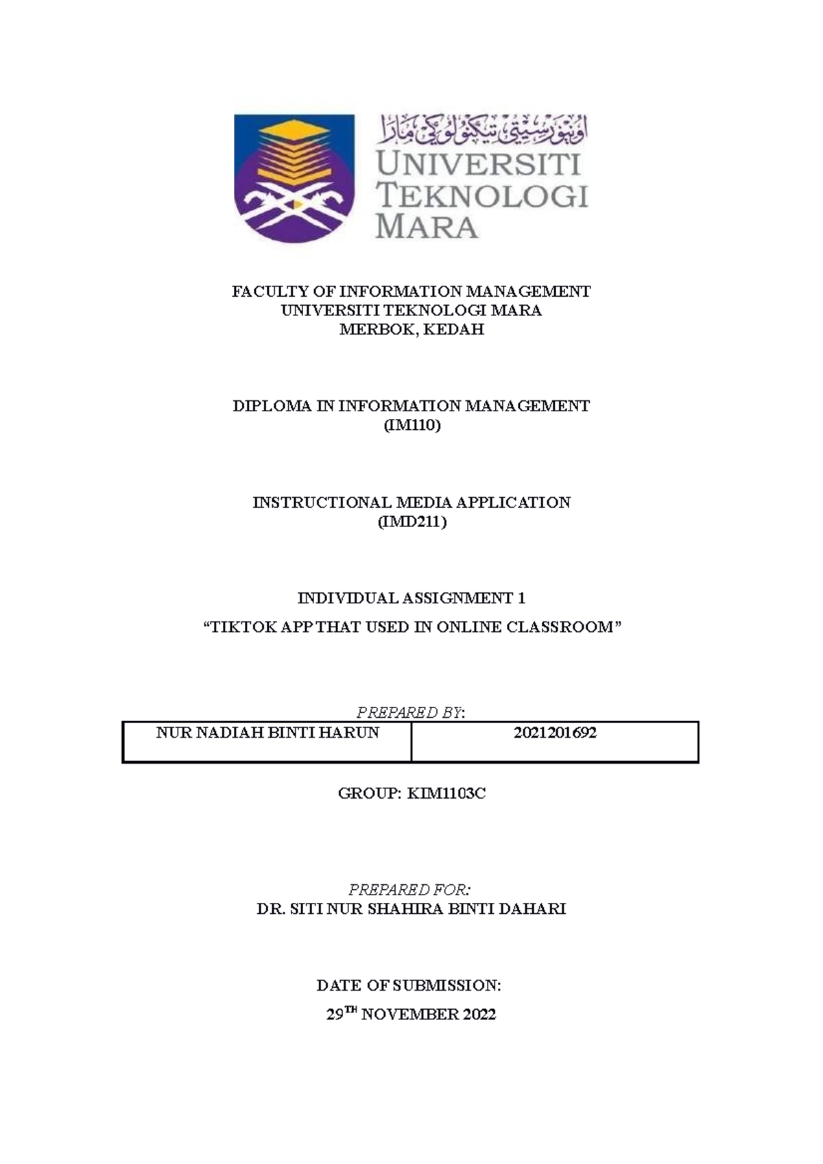 IMD211 - Individual Assignment 1 - FACULTY OF INFORMATION MANAGEMENT ...