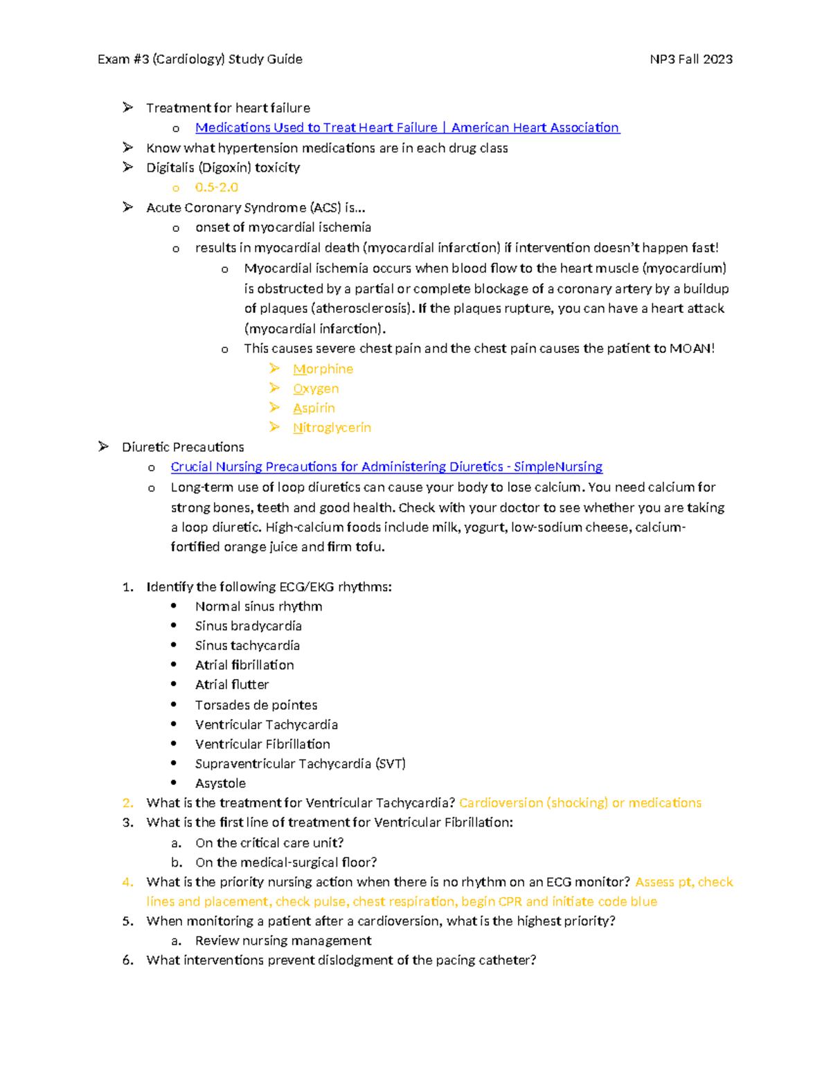 Cardiac+Study+Guide+Fall+2023 copy - Exam #3 (Cardiology) Study Guide ...