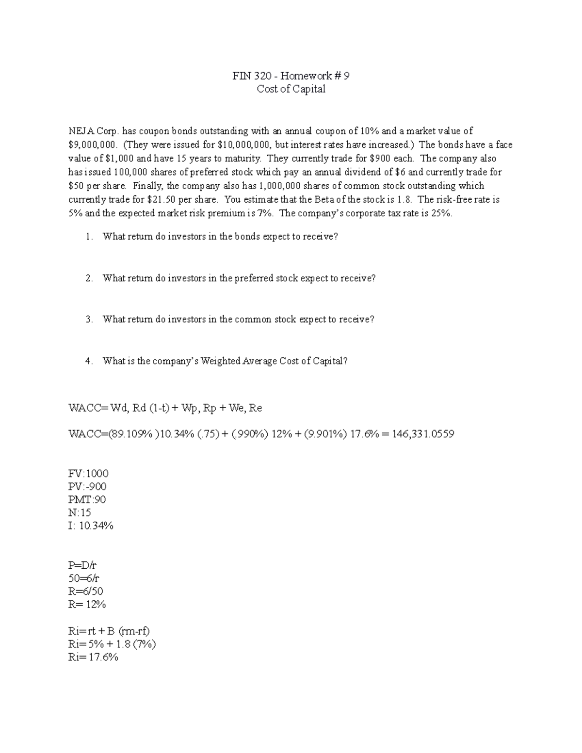 HW09 - FIN320 - Cost Of Capital - FIN 320 - Homework # 9 Cost Of ...