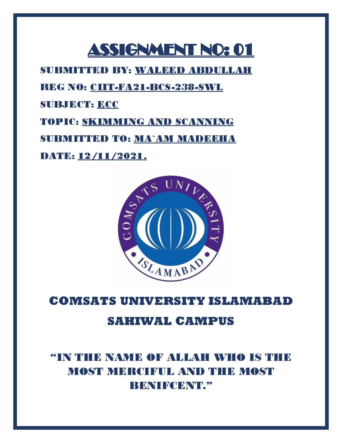 ECC Assignment 2 bs cs department - ASSIGNMENT NO: 01 SUBMITTED BY ...
