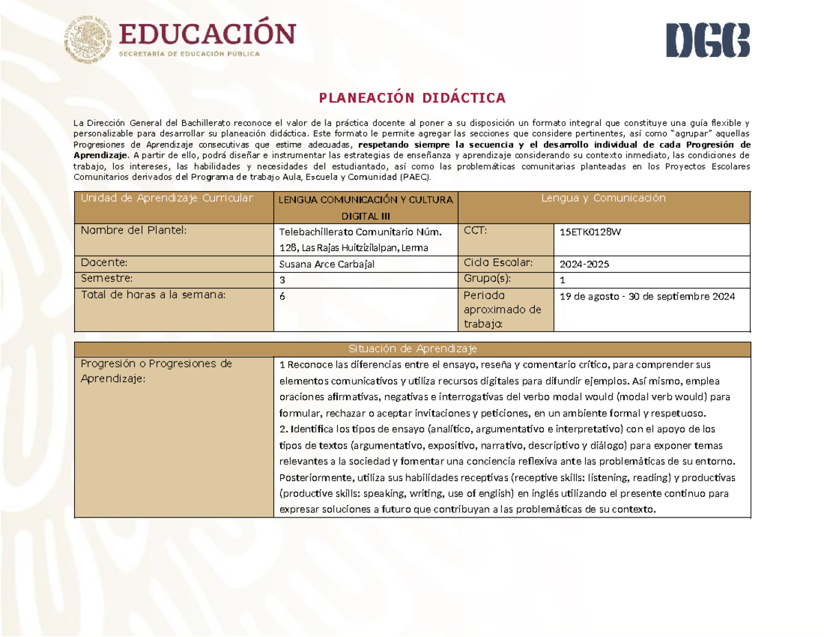 Planeacion 3ER Semestre TBC 128 - PLANEACIÓN DIDÁCTICA La Dirección