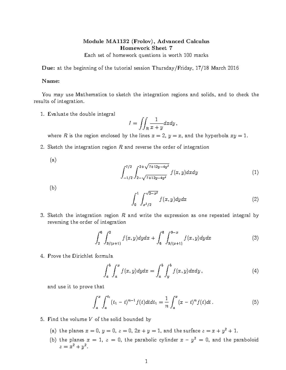 Ma1132 15 16 Problem Set 7 Module Ma1132 Frolov Advanced Calculus Homework Studocu