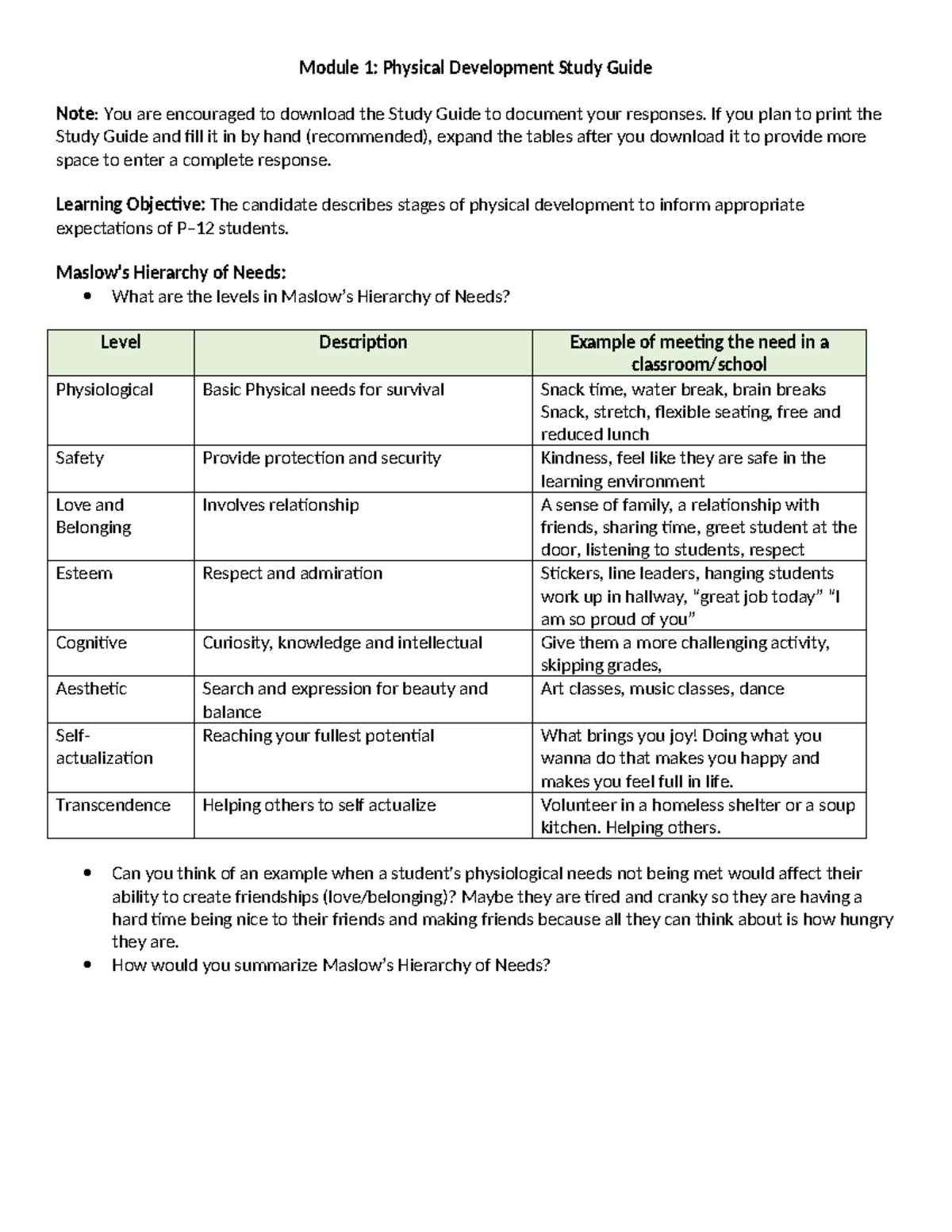 D094 Module 1 Study Guide - Module 1: Physical Development Study Guide ...